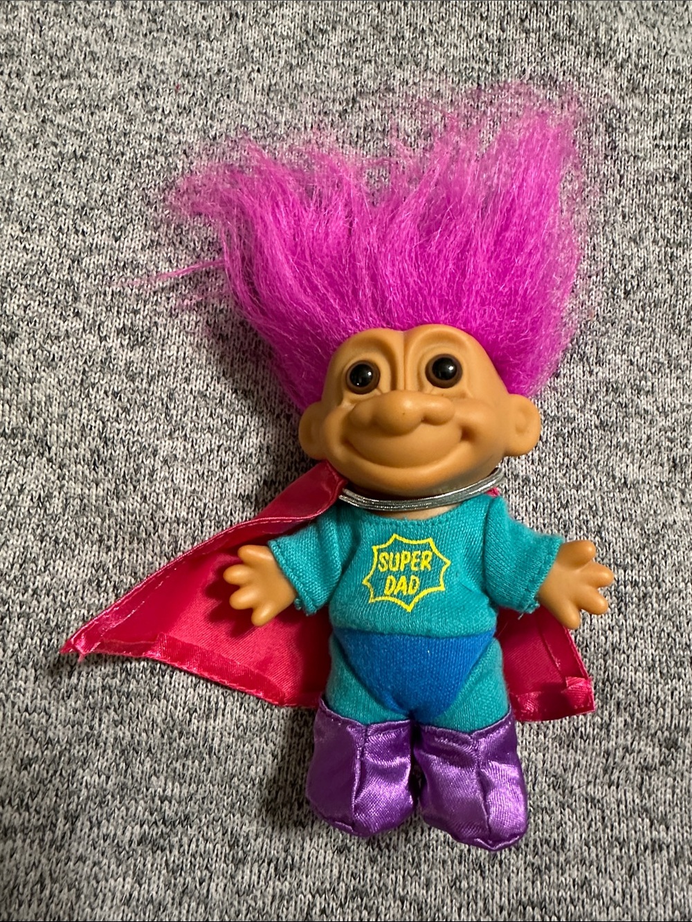Russ Super Dad Troll Doll with Pink Hair, Teal Outfit and Pink Cape